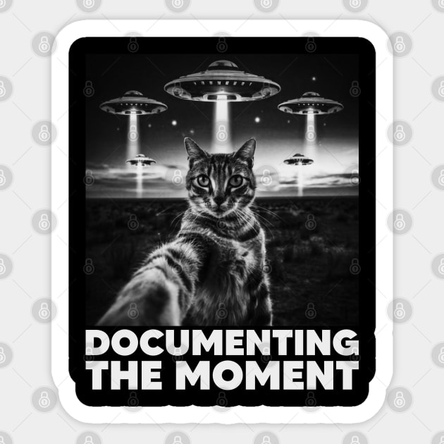 Selfie of Cat And Aliens UFO, Documenting The Moment, Funny Cat Sticker by Megadorim